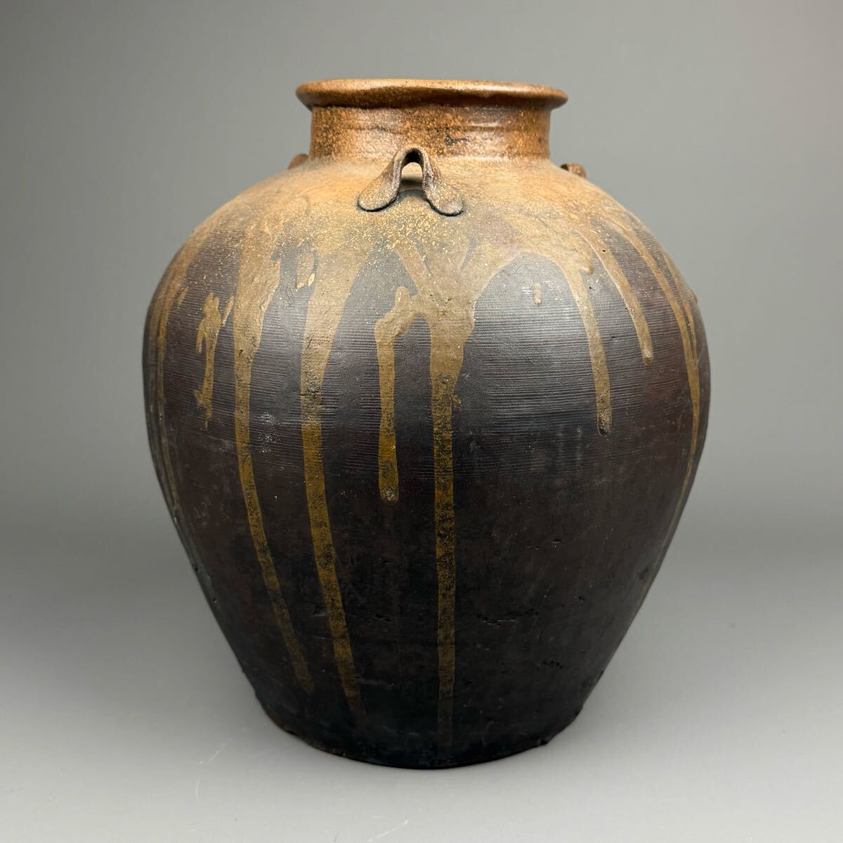 瀬戸焼 古瀬戸 四耳壷 葉茶壷 木製蓋付 高さ約24cm 時代箱 VR7341B