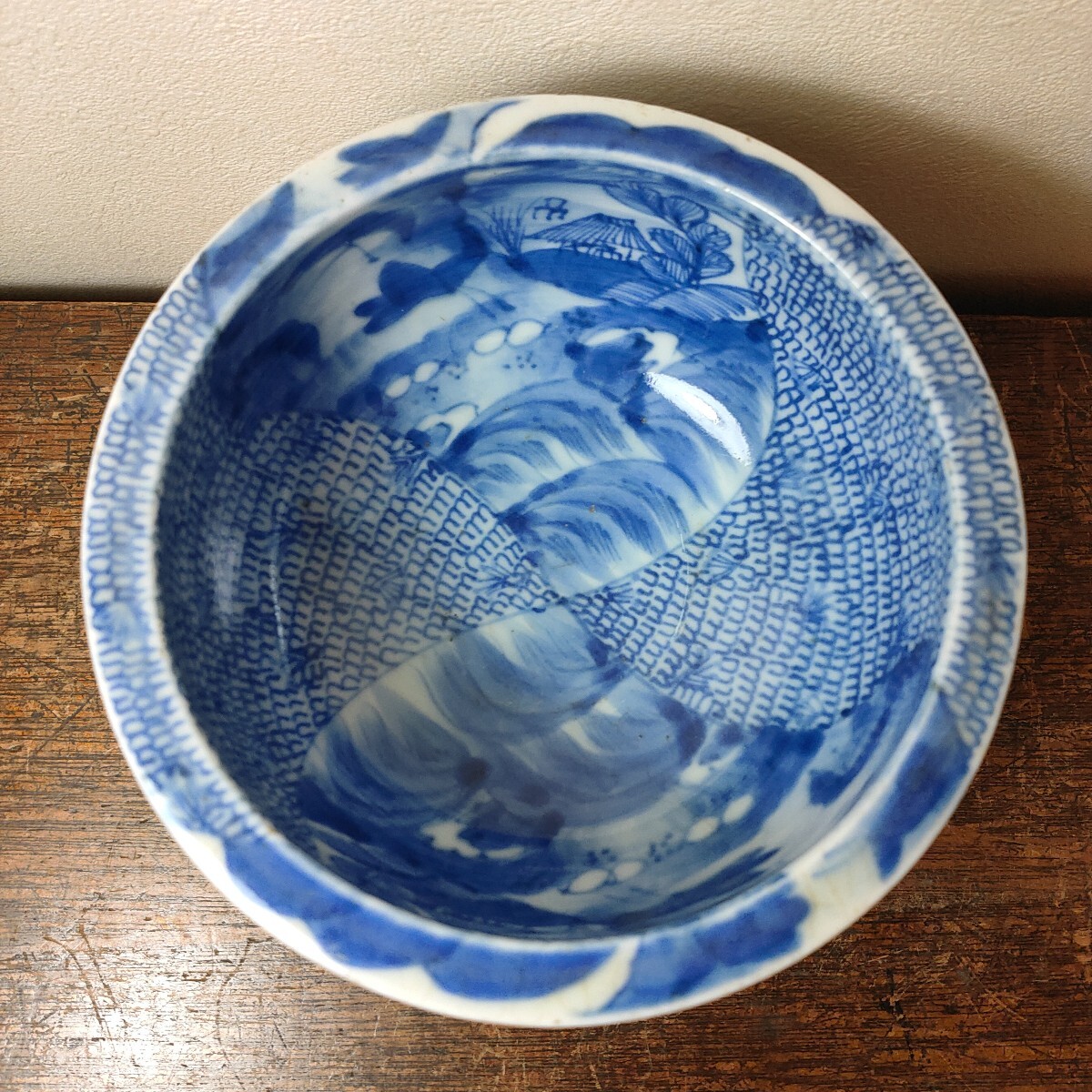 古伊万里 伊万里 染付 盃洗 杯洗 時代物 花草文 山水 蝶 骨董 手描き