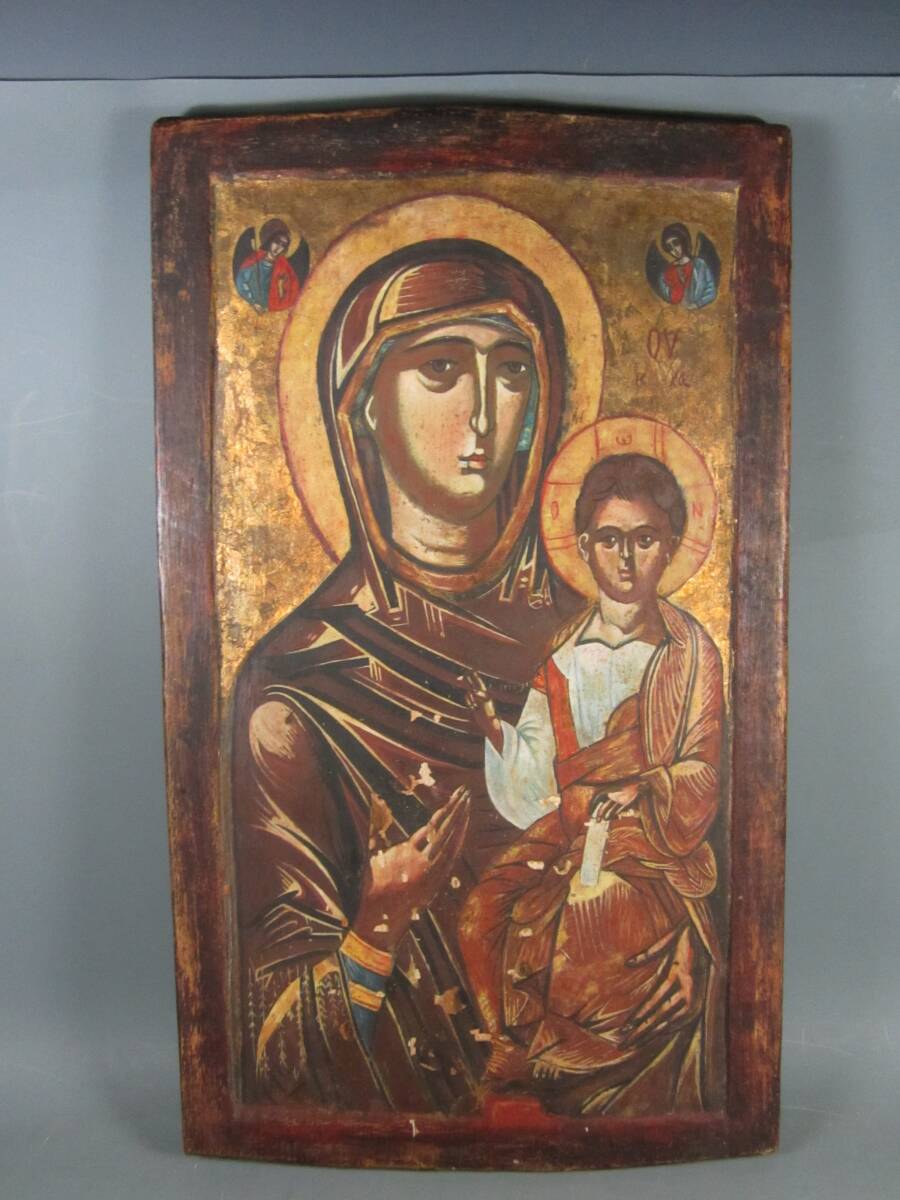 緑屋z□ キリスト教 板絵 イコン 聖母子像 時代物 i9/8-6327/