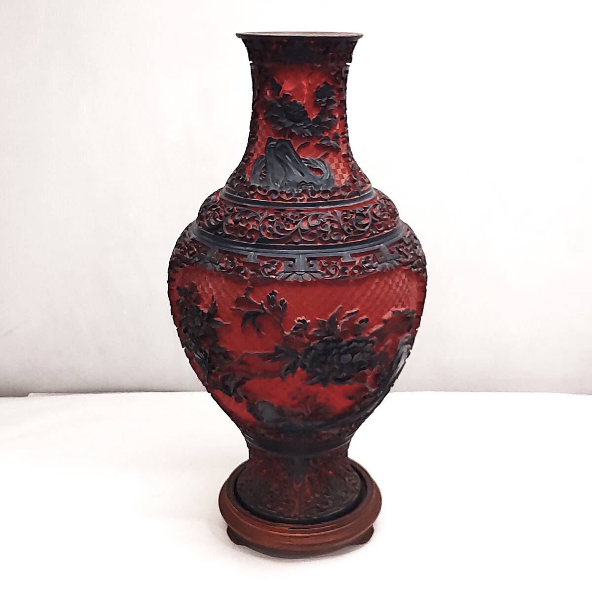 Y2551 中国 堆朱 6面花図 花瓶 高さ31.5㎝