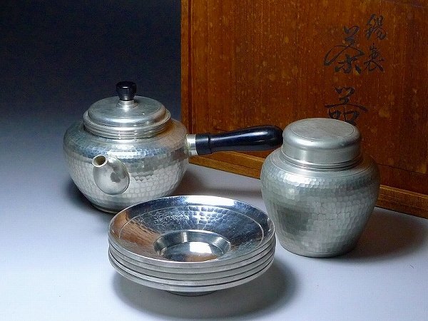 浪華 錫半造 本錫手造り 急須 茶壷 茶托五客など 五点一式 共箱 UR7848