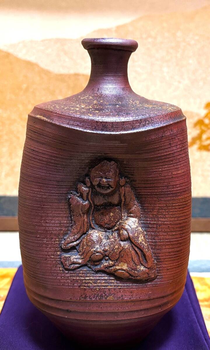 江戸後期 傘徳利 松模様 俳句刻 窯変面取り六角徳利 レア古備前・