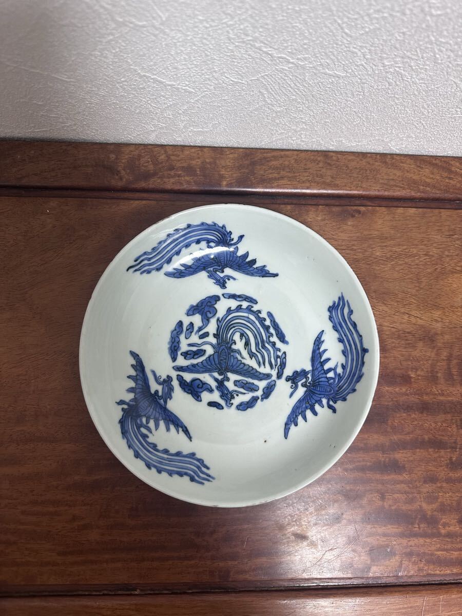 ⭐中国明時代 古陶磁 筆洗 古美術品 染付 鳳凰文 桃形