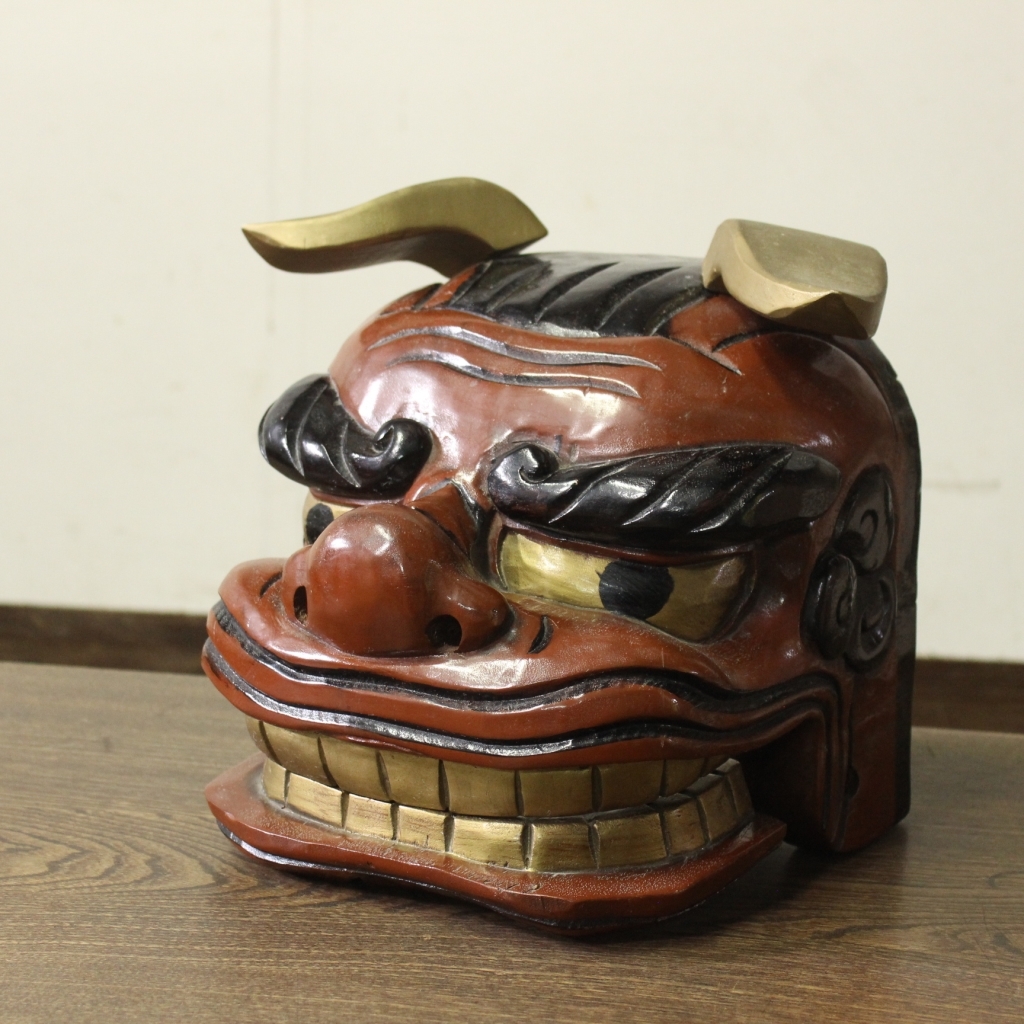 伝統工芸】獅子舞 獅子頭 耳口動作可能 髪付 木製木彫 お面 彫刻