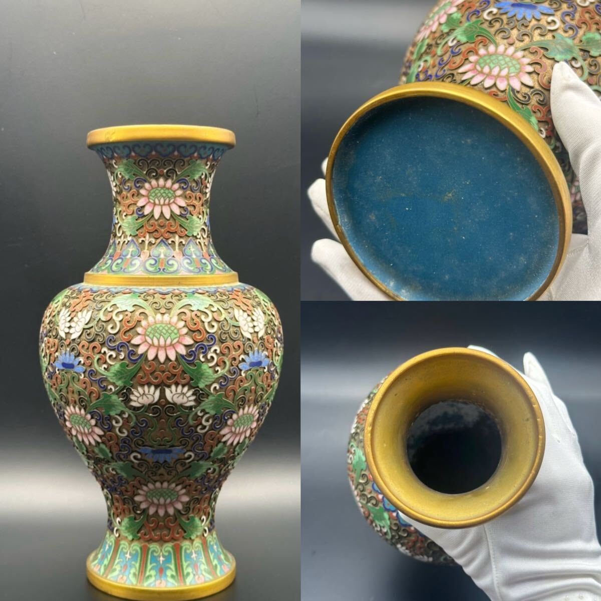 中国七宝焼 花瓶 一対 アンティーク 骨董品 孔雀 台座付き 大ぶり 中国