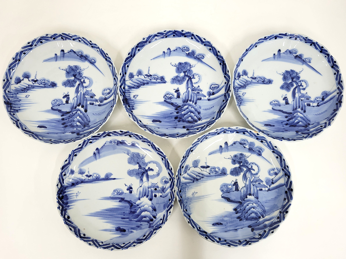 染付 線描き花文・麒麟図 七寸皿 六枚 径21．5cm】古