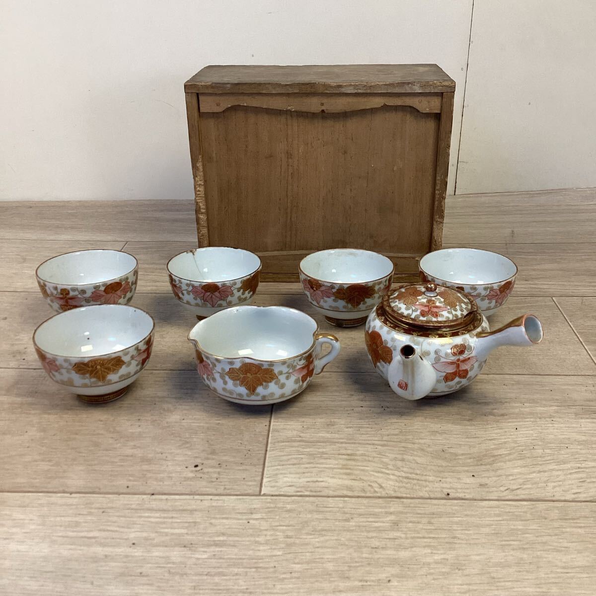 九谷焼 古九谷 赤九谷 馬絵 牛絵 茶器セット 煎茶道具 金彩 共箱