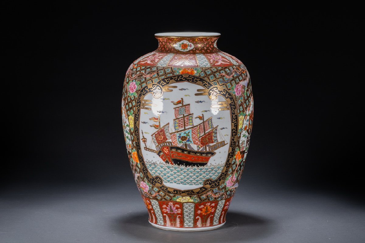 古伊万里【蔵春亭西畝】色絵金彩武士紋広口花瓶 飾壺 高さ68cm 古美術
