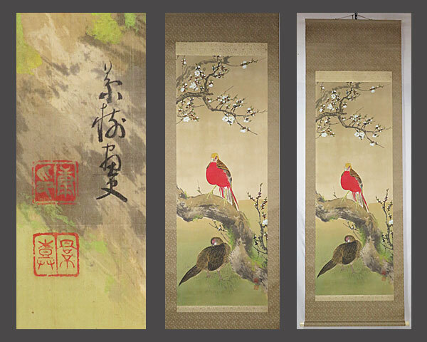 8月特価】掛け軸 花 鳥 日本画 花鳥 絵の部分きれいな状態です 印