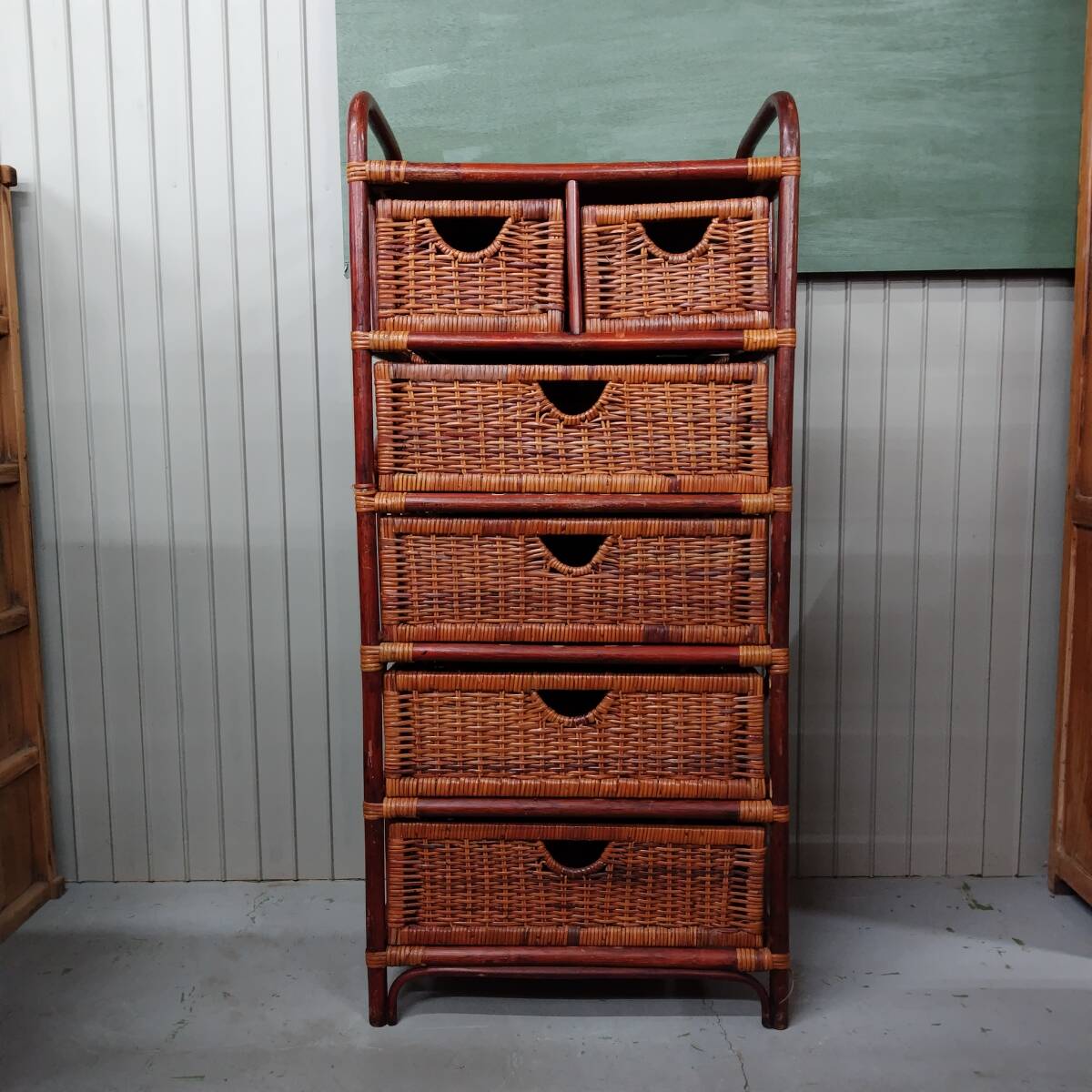 ラタン 大容量 3段チェスト 藤家具 アジアン アンティーク 昭和レトロ