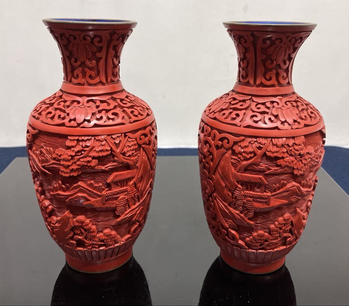 URA]中国美術/堆朱細工花草山水風景彫花瓶/5-3-317(検)骨董/花器/