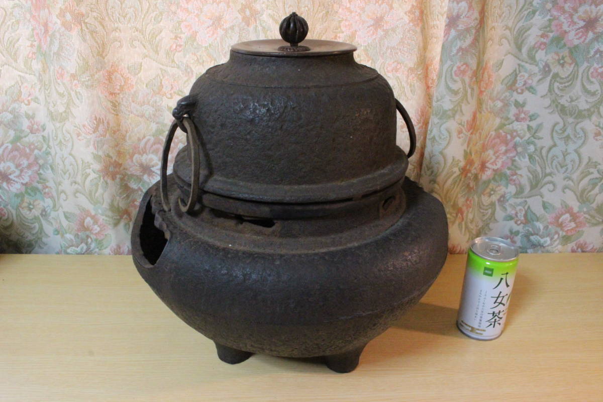 △ T-515 茶釜 風炉付 釜：鉄製 フタ：銅製 時代物 激安!! レトロ