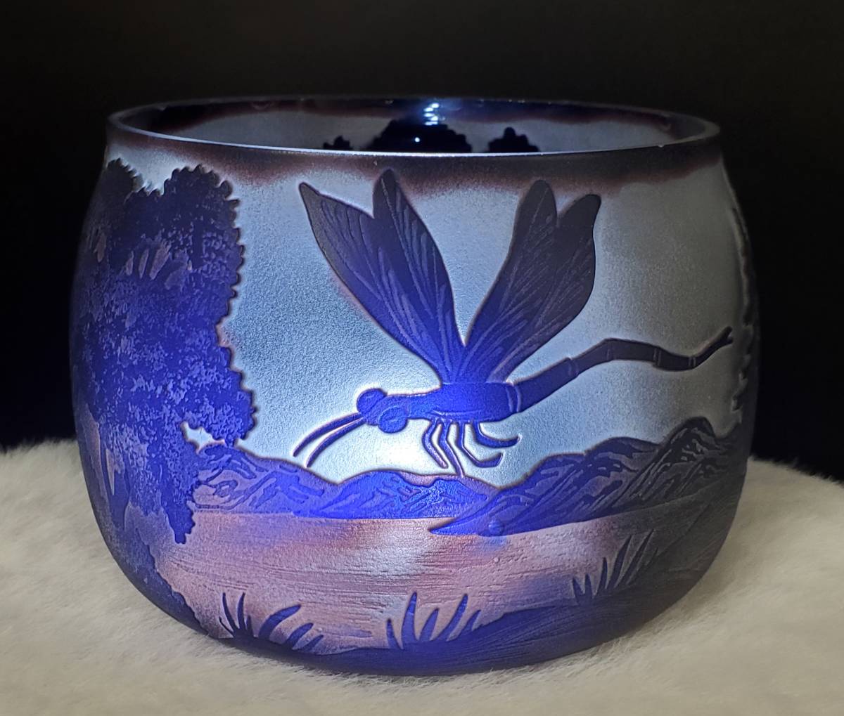 1204-207□エミール・ガレ風 鉢 花瓶 インテリア ガラス 工芸品 直径約