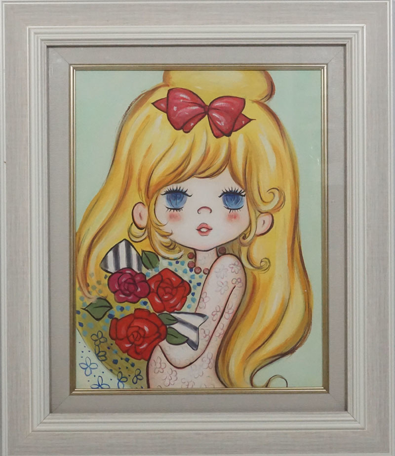 人物画油絵水森亜土女の子F6額付き手描き肉筆