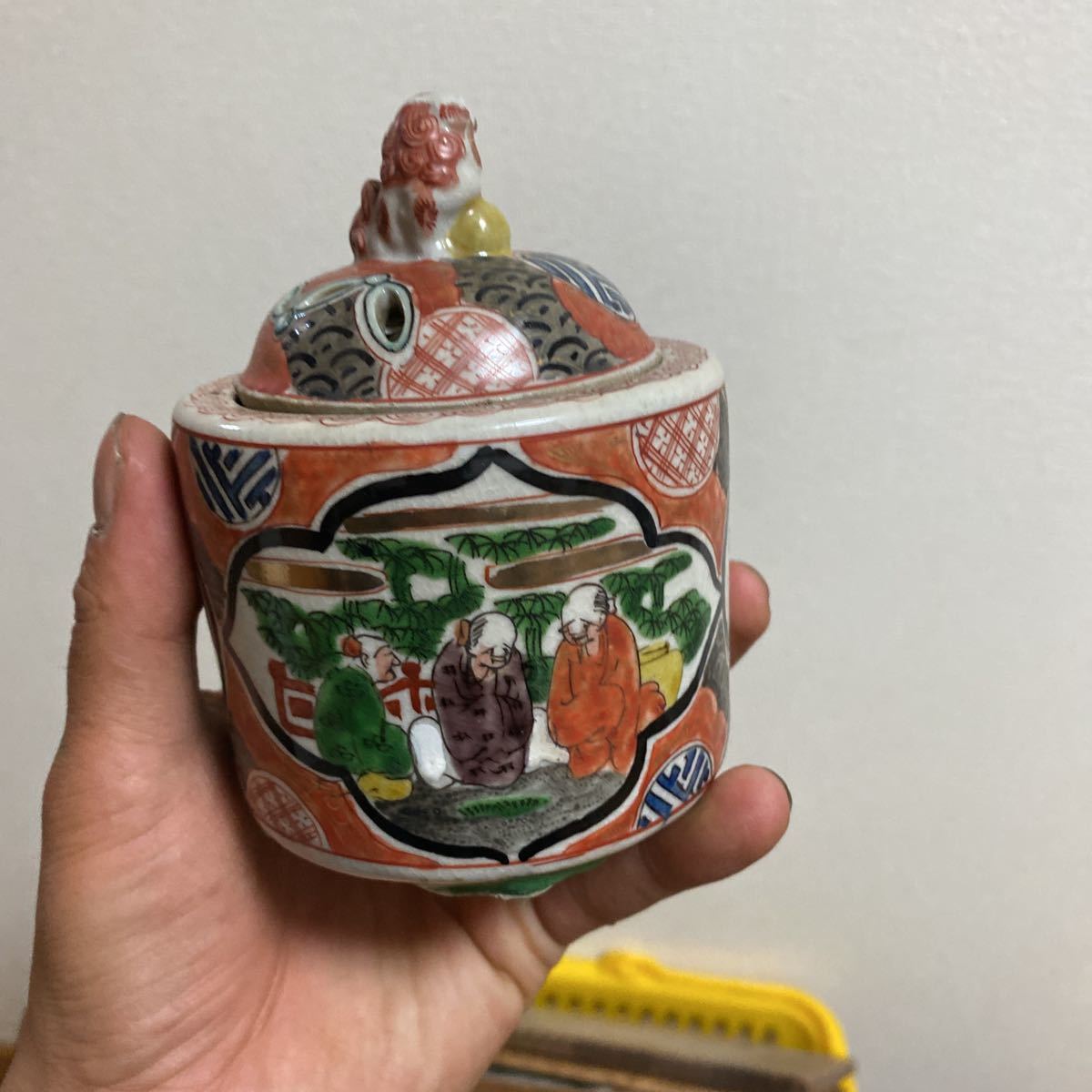 茶道具 九谷焼 香炉 角福 香道具 色絵 獅子 赤絵 三足 九谷焼 角福 獅子