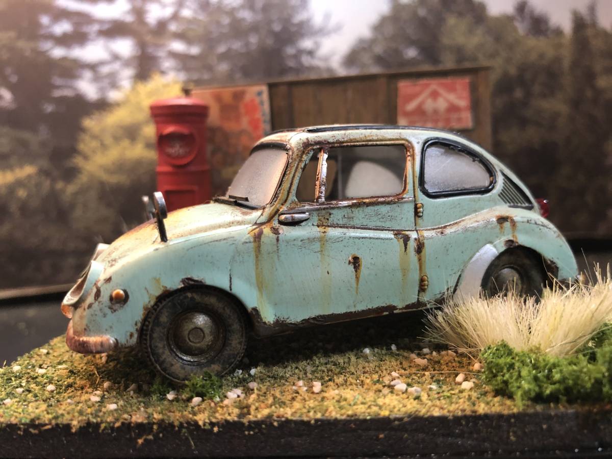 昭和レトロな風景 1/32 スバル 360 旧車 自作ジオラマ完成品 ケース付