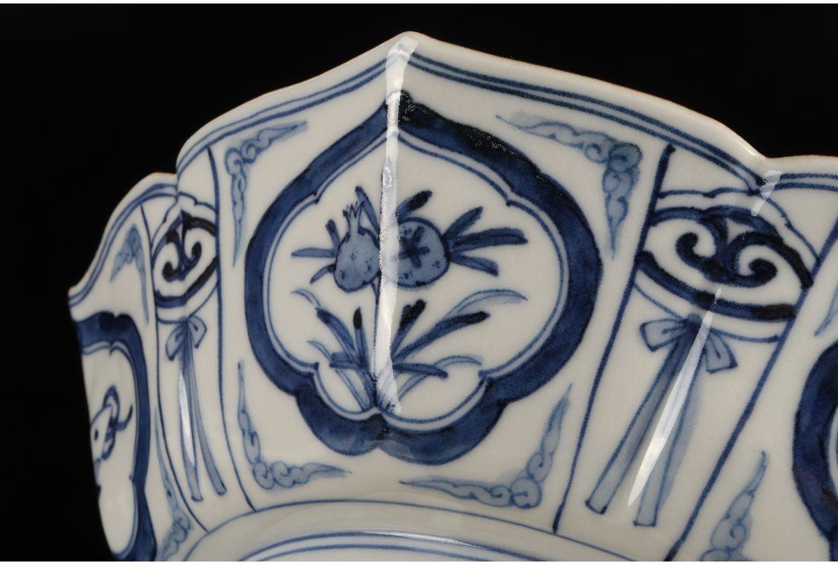 URA]宮内庁御用達/山本長左 作/九谷焼/青華鳳凰文菓子鉢/共箱/