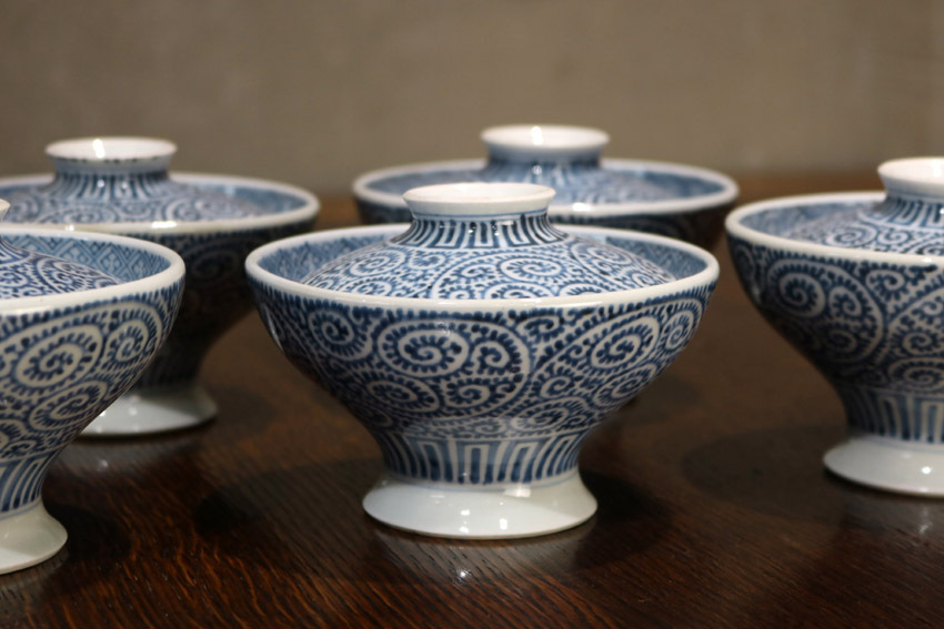 開 江戸後期 古伊万里 染付 蛸唐草文 蓋茶碗 五客組 裏