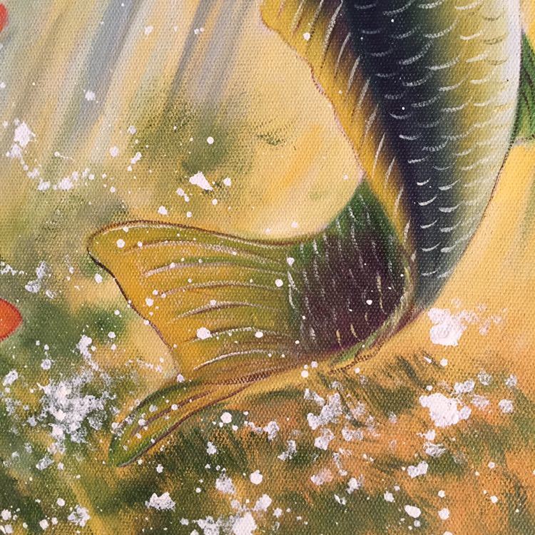 手描き油絵 鯉の滝登り 額付 絵画 インテリア 油彩画 金運 開運 手描き