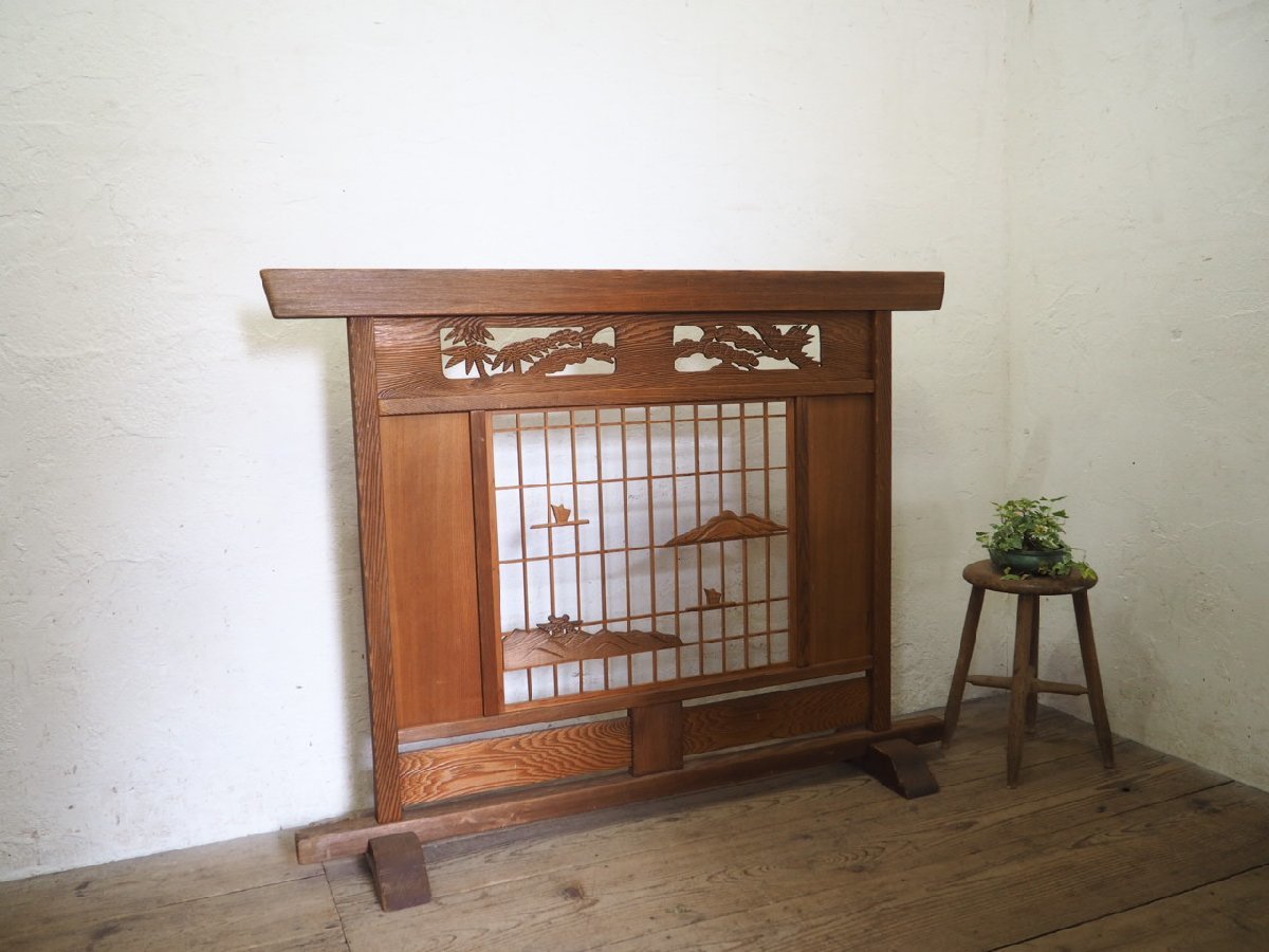 タD0294◇H106cm×W136cm◇素敵なデザインの古い木製衝立◇間仕切り