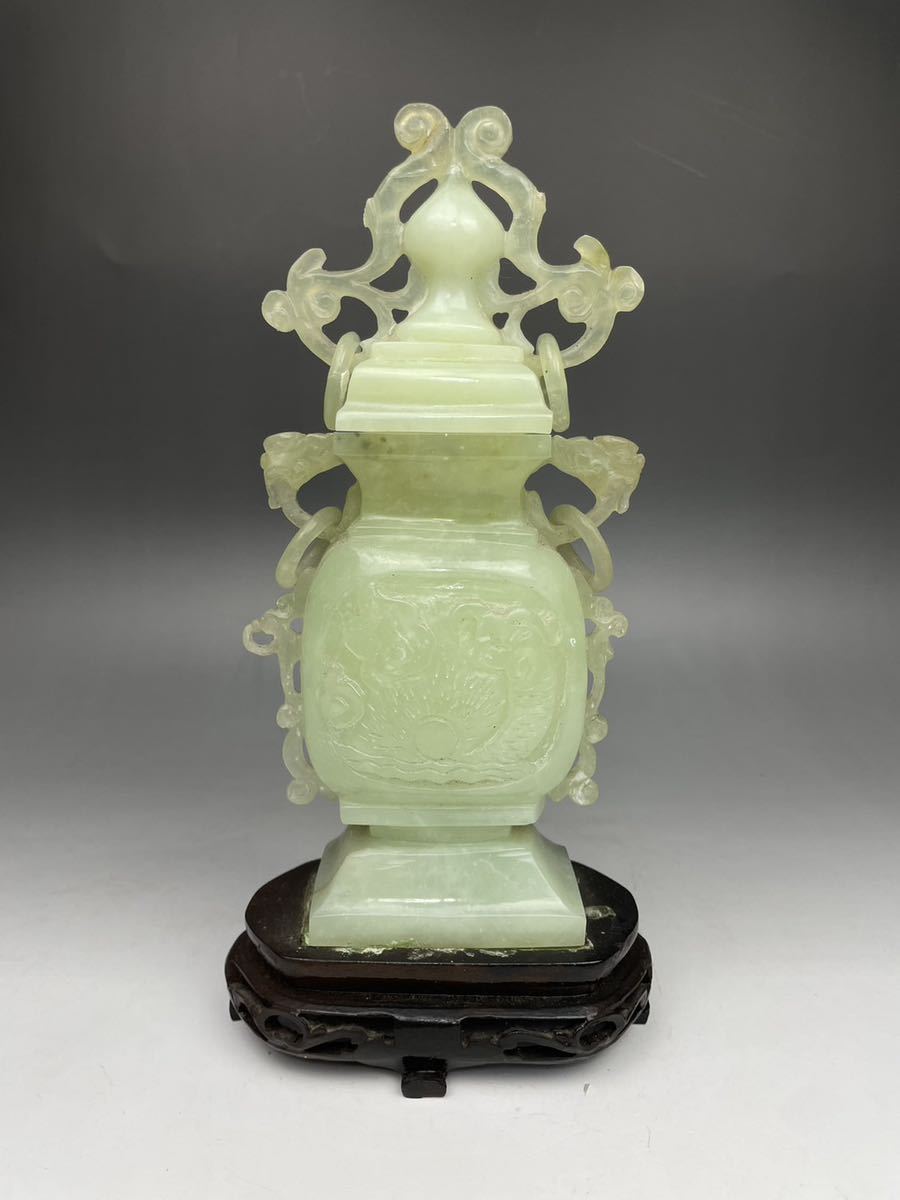 中国古玩 香炉 玉石製 砡製 翡翠 極上彫 彫刻 天球 唐木台付き 962g