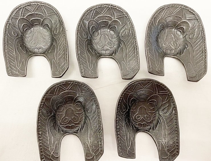 人間国宝 佐々木象堂作写し 鬼瓦茶托5客 黄布共箱付