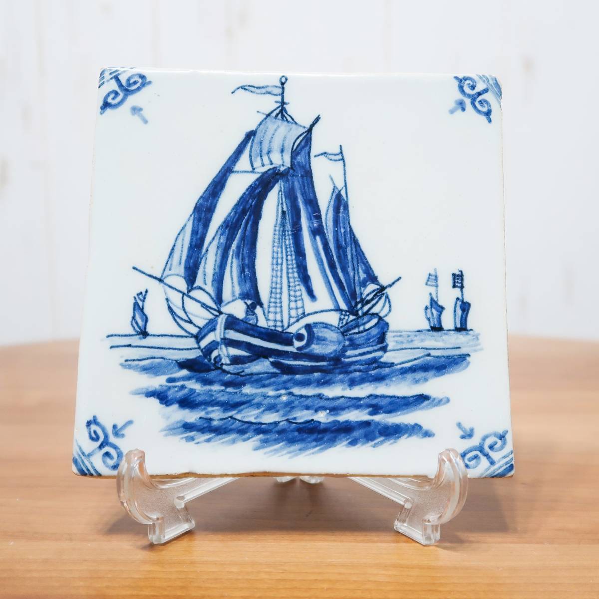 デルフトタイル 輪回しで遊ぶ子供たち 額縁付き 民藝 工藝 /J544