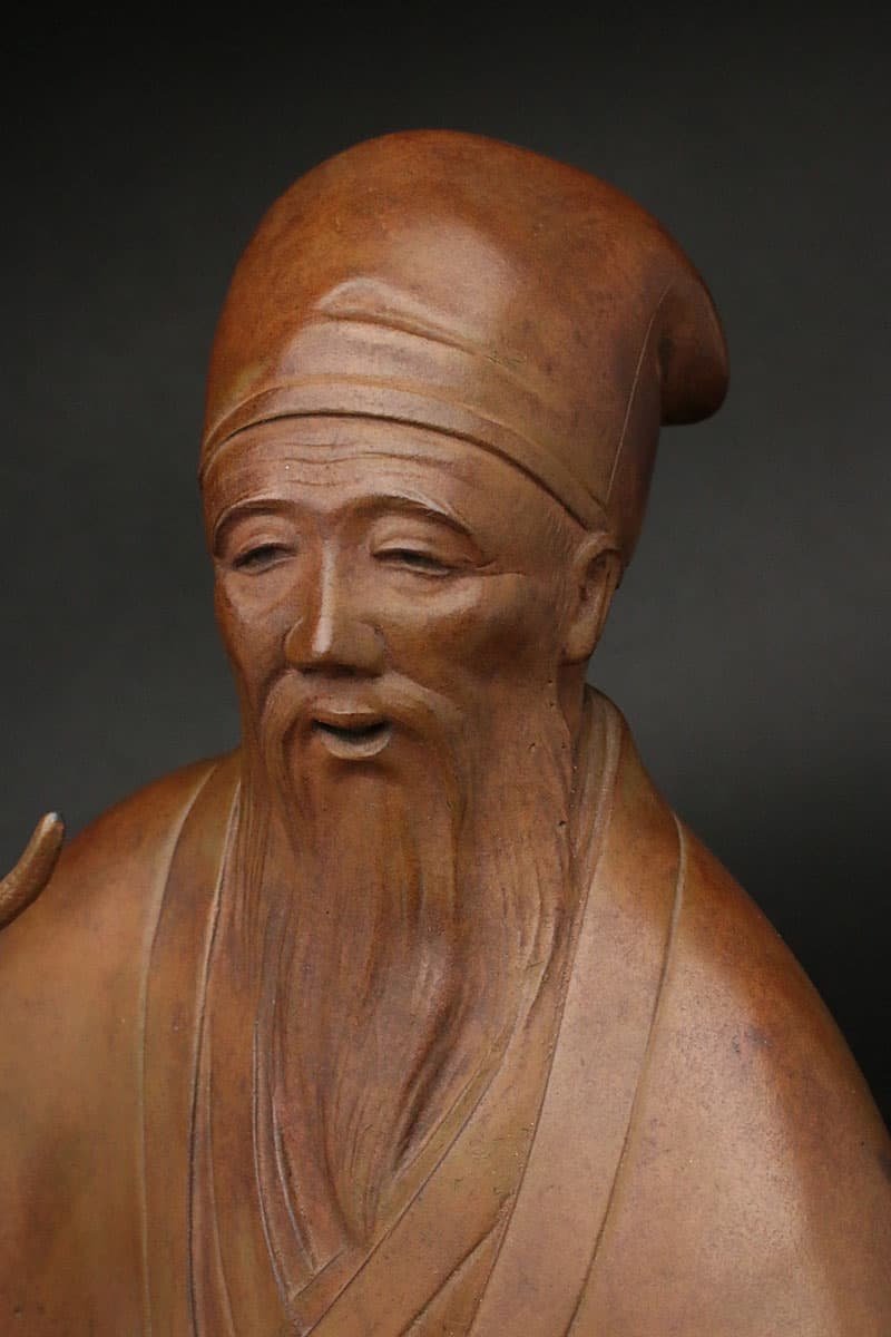 EE015 時代物【金工師 勝雲 作】銅製「鹿寿老人」高16.5cm 重3.5kg
