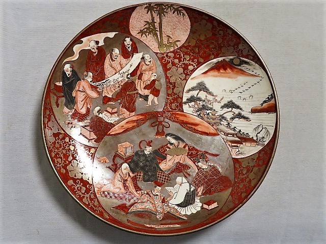 九谷 金彩赤絵 細密 武者絵 一対 幅37 cm 明治時代 DT395 九谷 金彩