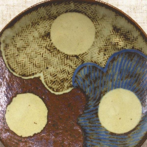 島岡達三益子焼竹文中皿六枚象嵌赤絵組皿箱入り18cm 人間国宝