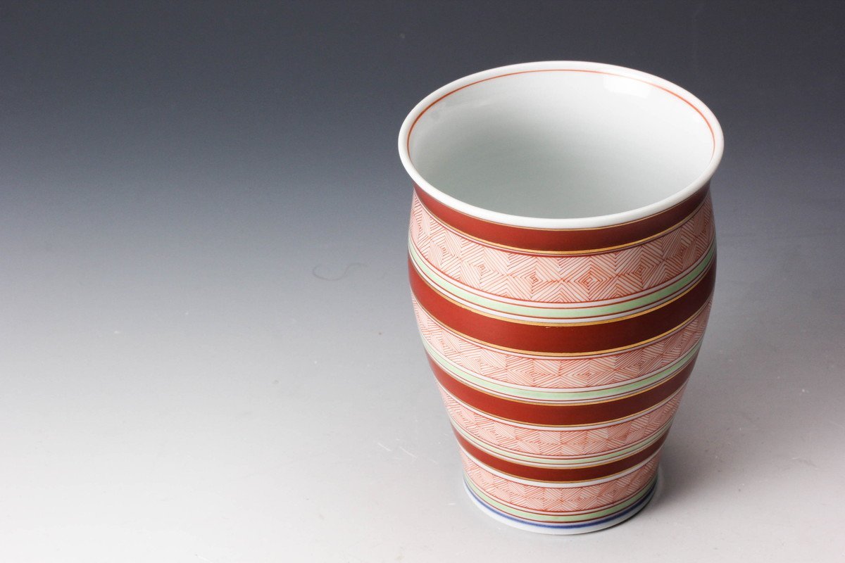 九谷焼 名工 福島武山作 赤網手 棒タイ 共箱 共布 栞 九谷焼 名工 福島