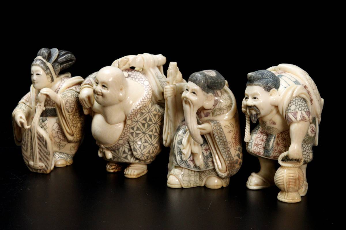 七福神置物 古美術 細密細工 在銘「江信」 七福神置物 古美術 細密細工