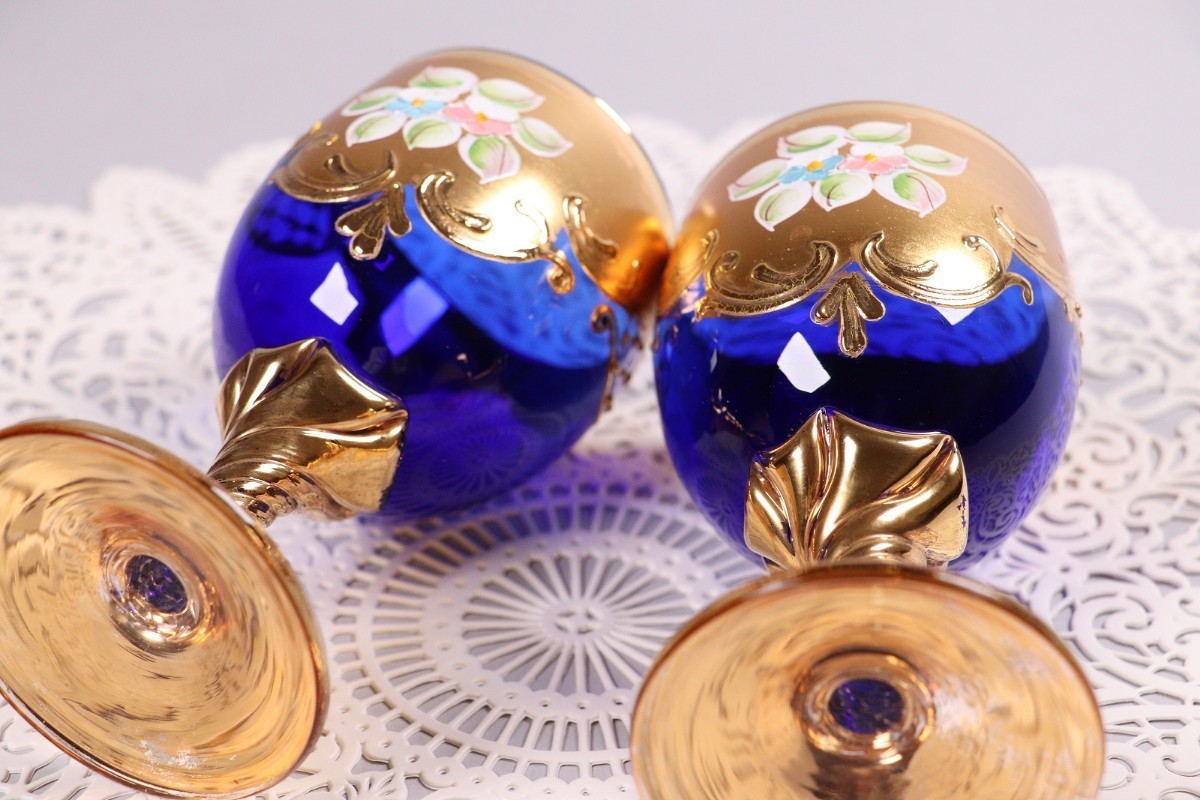 彩85】ベネチアングラス ワイングラス ペア イタリア ムラノ 2客 金彩