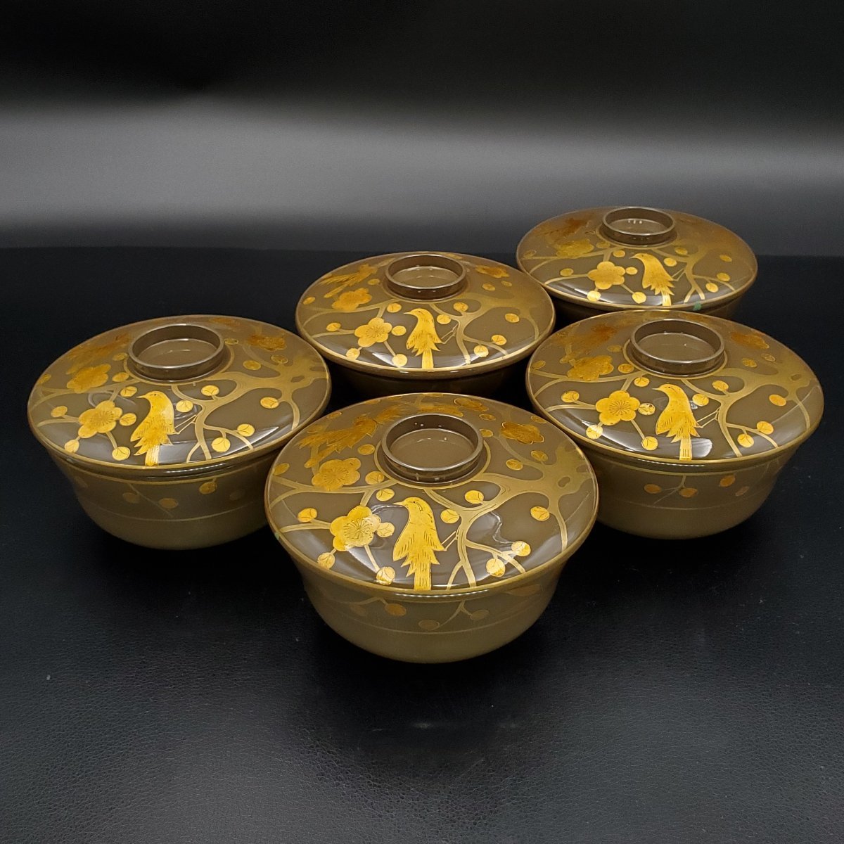 宝蔵】輪島塗 色漆 金箔花鳥蒔絵 吸物椀 御椀 汁椀 菓子椀 5