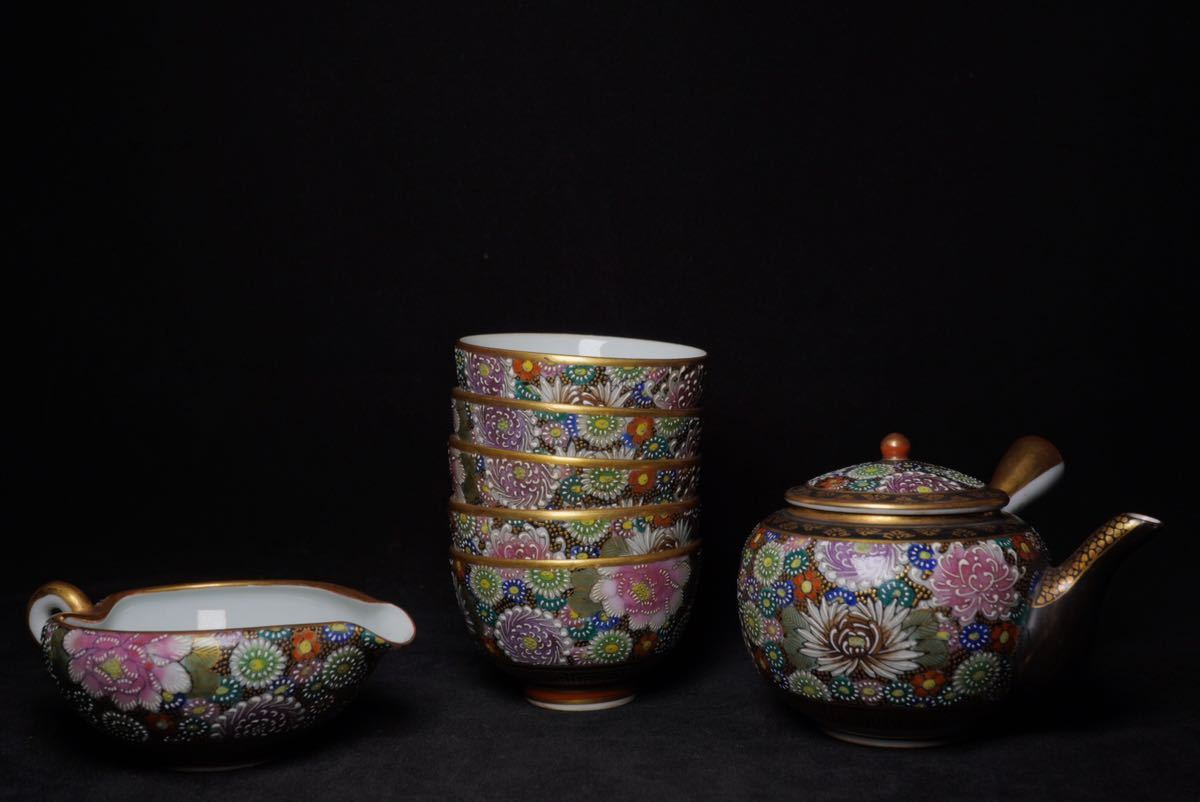 boa】時代 九谷焼 青粒 煎茶器 明治時代 九谷焼 青粒手煎茶器セット