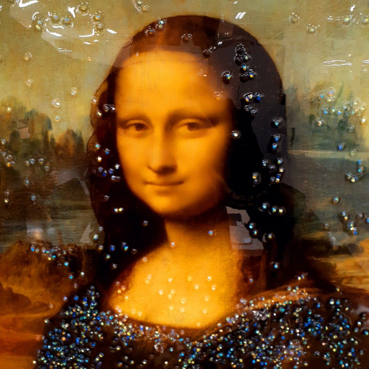 輸入雑貨 天然石 クリスタルアート 絵画 水晶絵 ゴールドフレーム 宝石