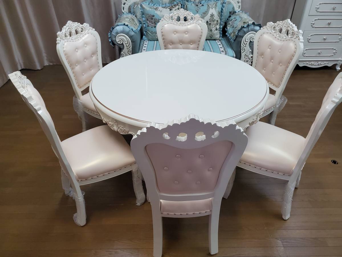 天然木超豪華 ロココ調 アンティーク風 ダイニングテーブルセット7点