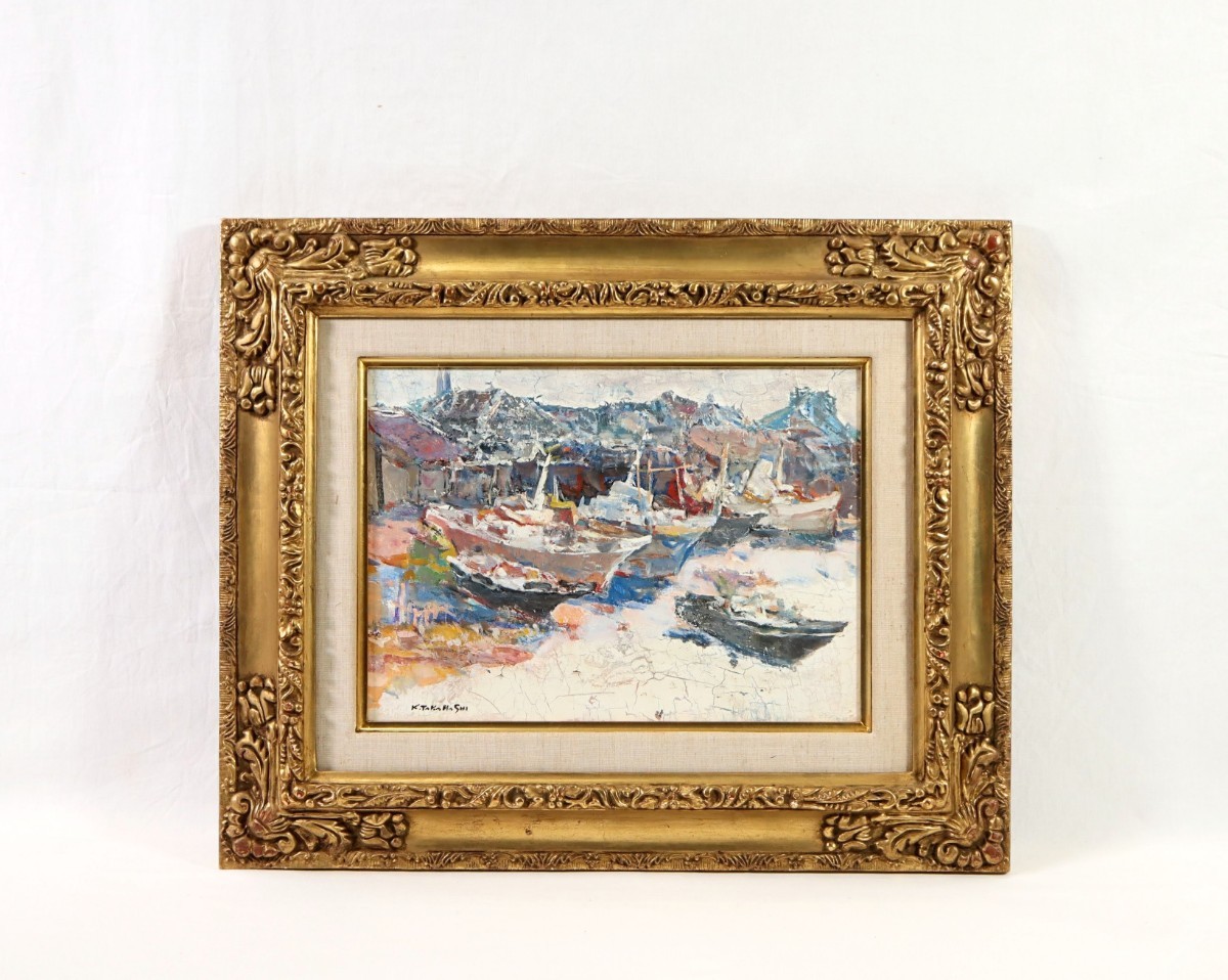 漁村風景画 油絵 正月の漁村 B 房州川津浜 F6 '68 油絵 絵画 油彩