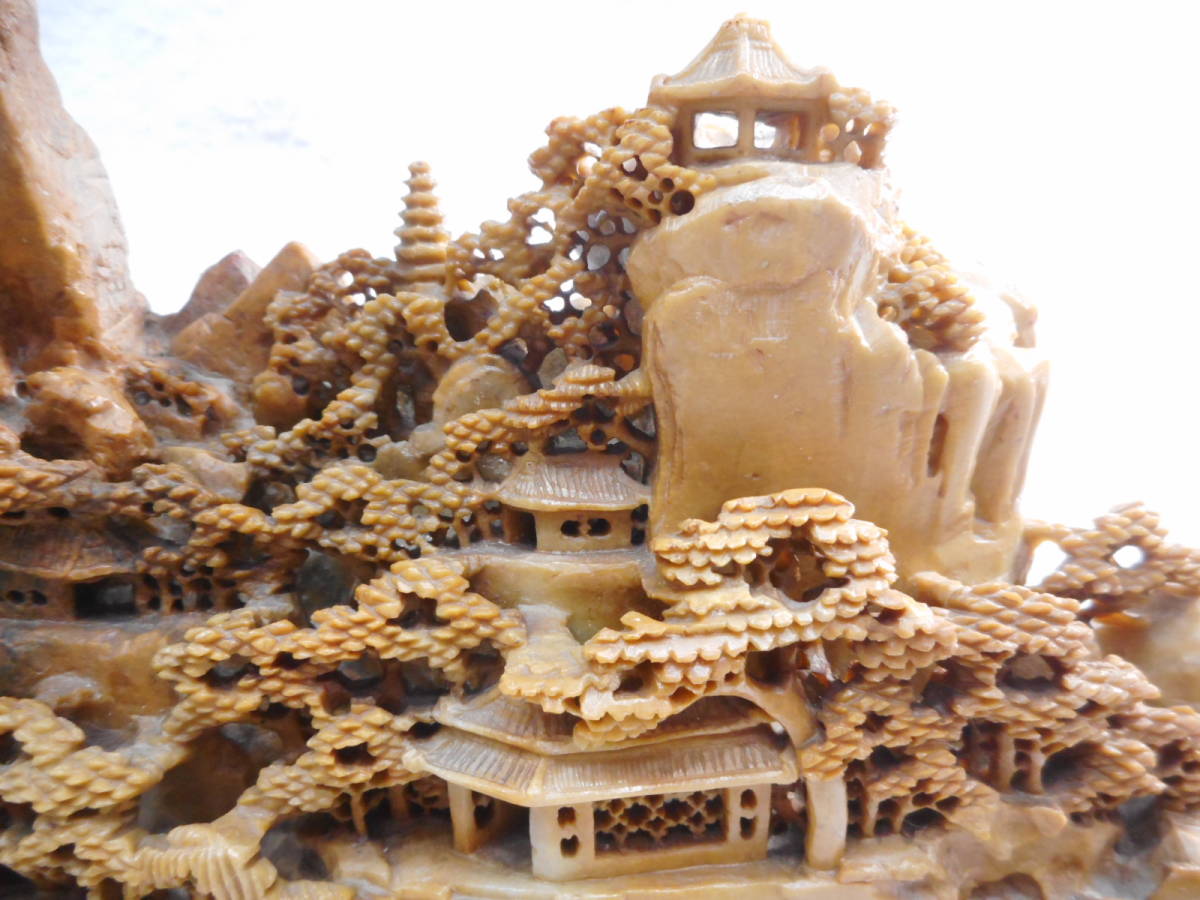 Yahoo!オークション □中国美術 寿山石? 楼閣山水彫刻 高さ約33cm 総重量約