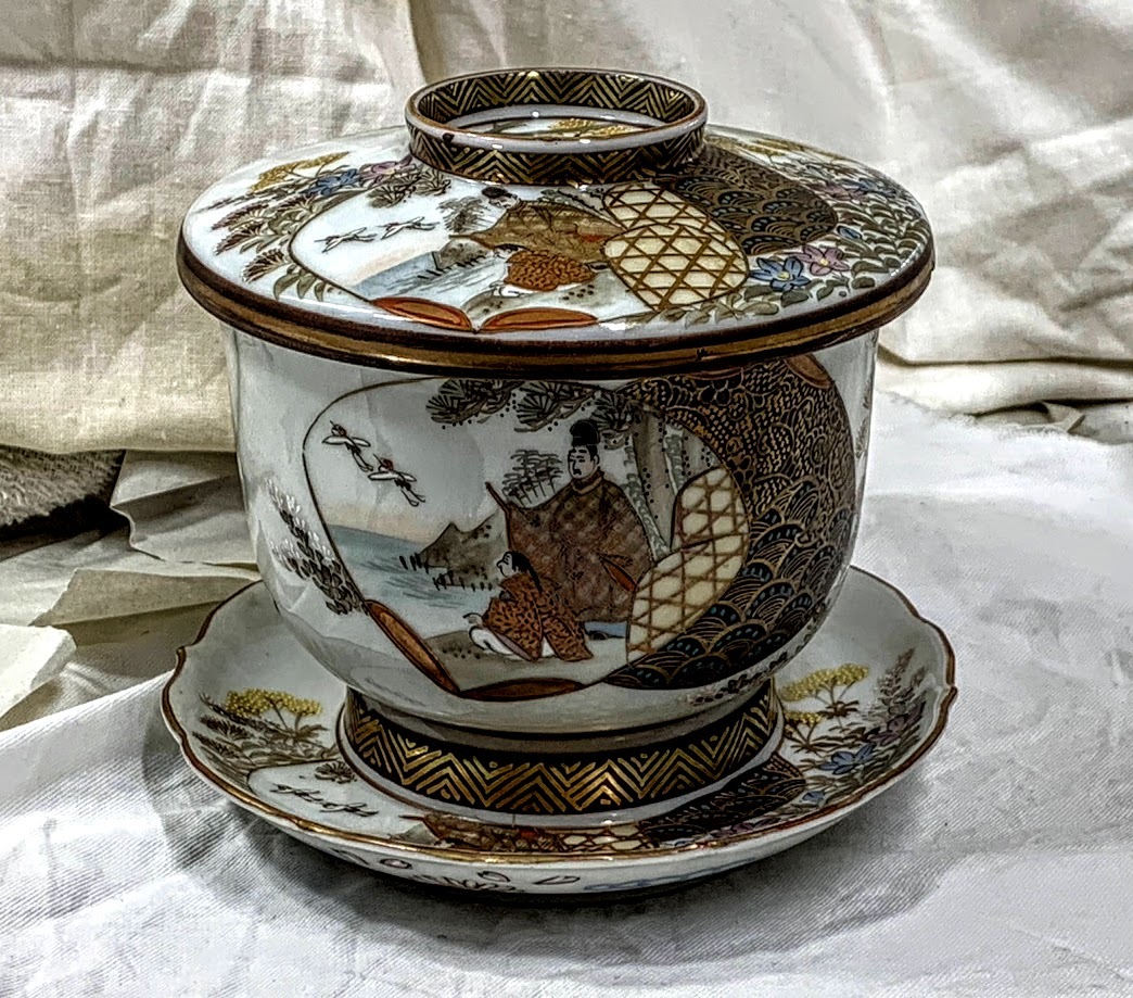 古九谷 朝日製 手描金襴手 色絵 金彩 細密 双鶴 秋草風月 人物