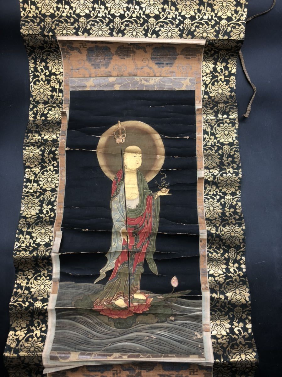 江戸(倉庫)稀少 古い 仏画 明王像 肉筆掛け軸 時代 仏教美術 仏教版画