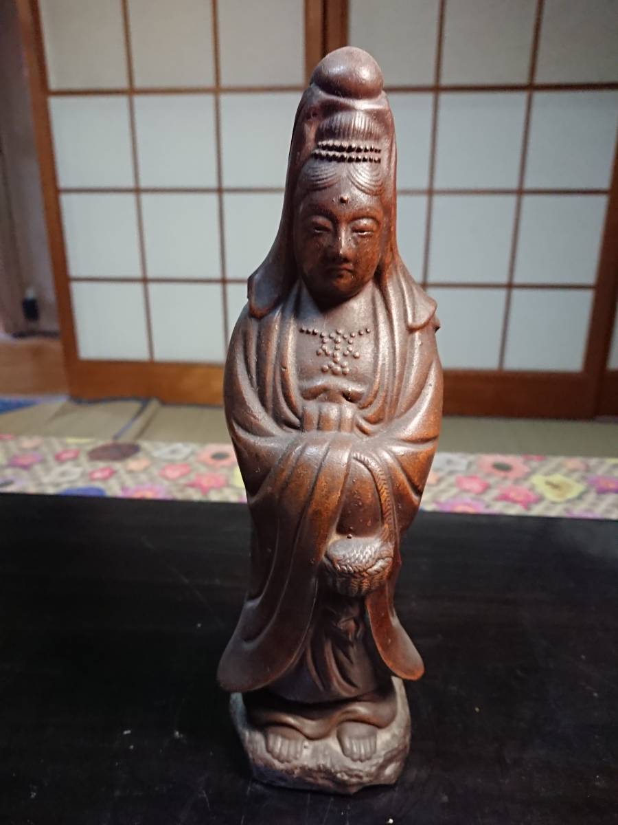 備前焼 観音菩薩立像 仏像 置物 細工物 仏教 観音様 在銘 作家作品