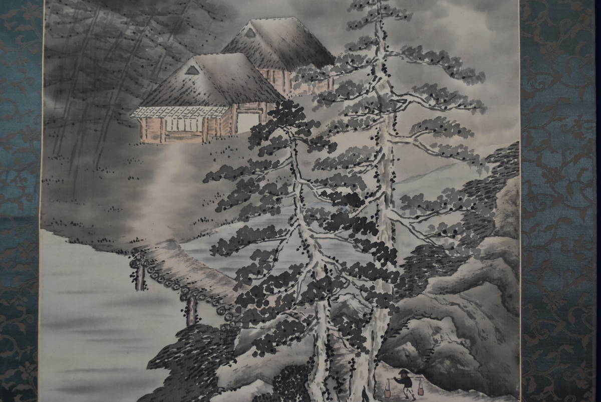 真作】南洋/山水人物図/晩秋の月/掛軸☆宝船☆AB-397 真