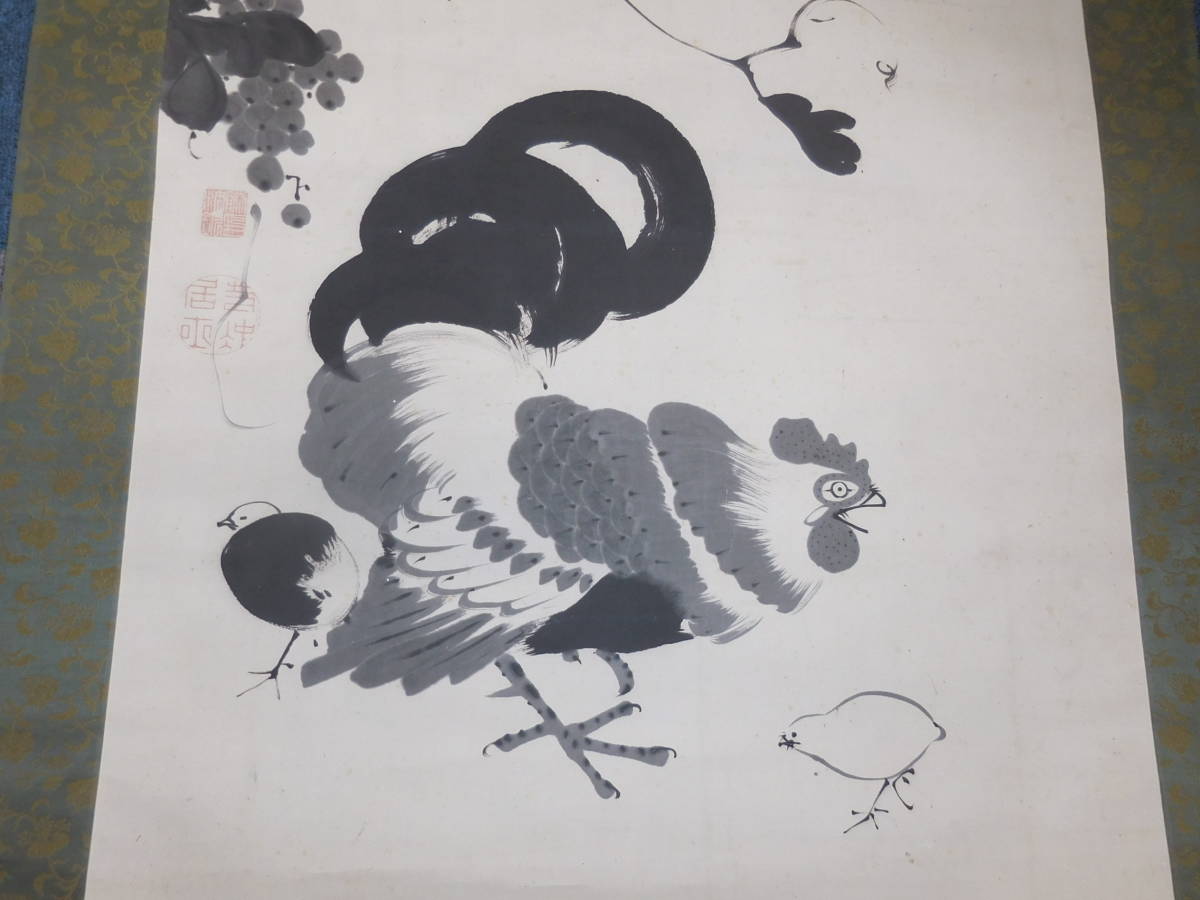 伊藤若冲 水墨『鶏の図』 模写 伊藤若冲 紙本淡彩水墨画 鶏図 落款