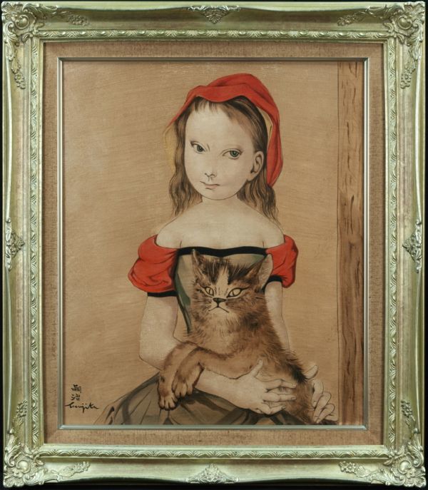 F6号】藤田嗣治【猫を抱く少女】手描き/表裏サイン有り/鉛筆/水彩/額縁