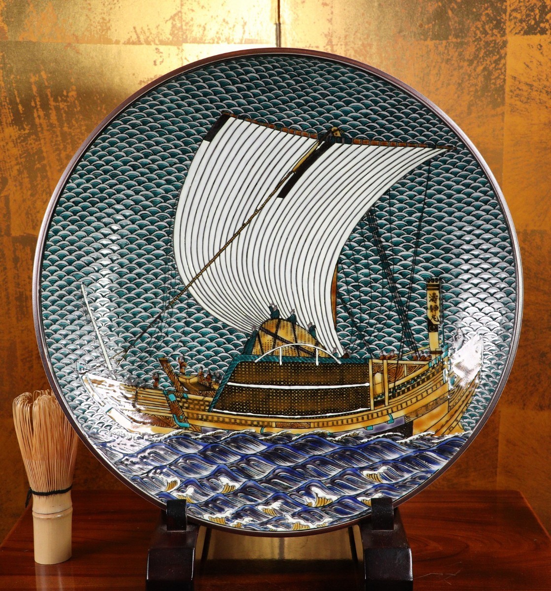 CE98 九谷焼 竹隆窯 北村隆作 北前船 飾皿 直径30 8cm 共箱 共布 陶歴