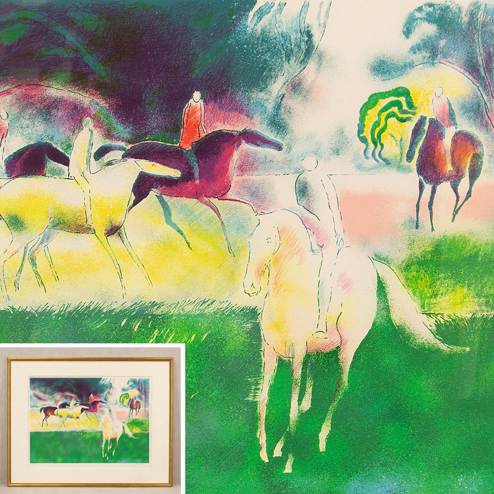 真作夕焼けの乗馬／リトグラフ ポール・ギヤマン87/175 真作夕焼けの