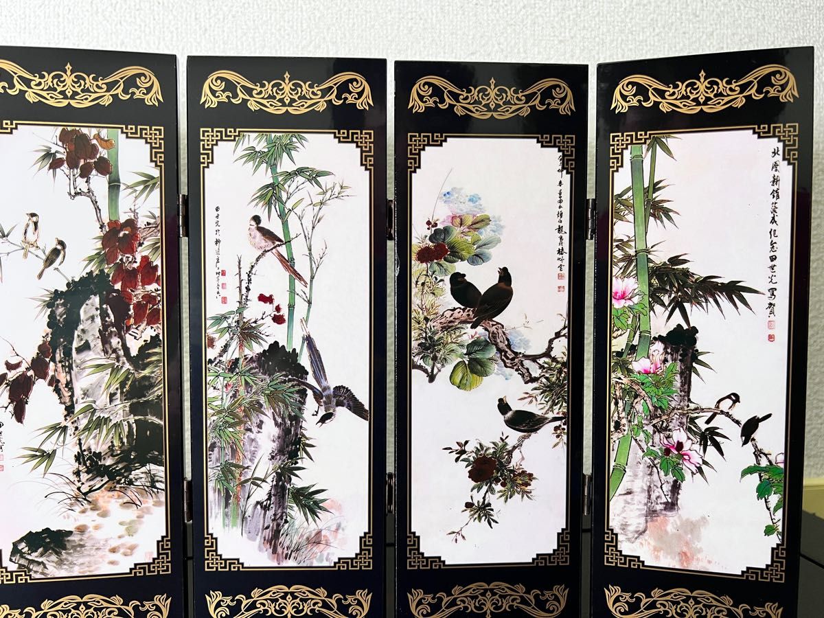 屏風 中国美術 置物 鳥語花香 小屏風 六曲 両面図 工芸品 飾り物