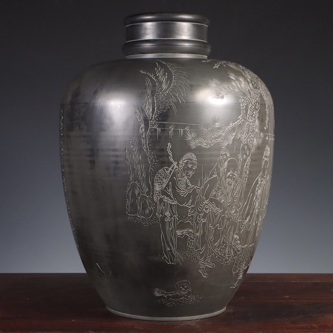 御錫屋天下一美作守款 一刀老人彫 古錫 茶壷18.5cm 茶心壺 茶入