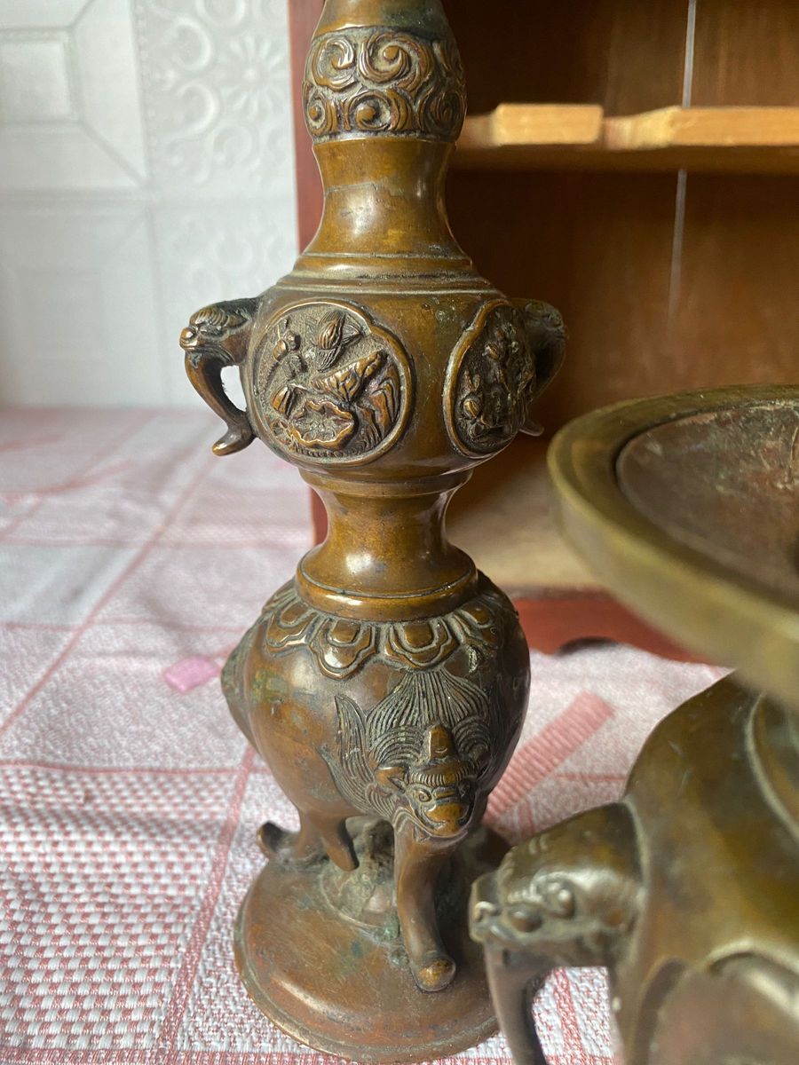 時代 伝統工芸 工芸美術 ＊古銅 銅製 古い燭台 大型燭台 蝋燭立 一雙